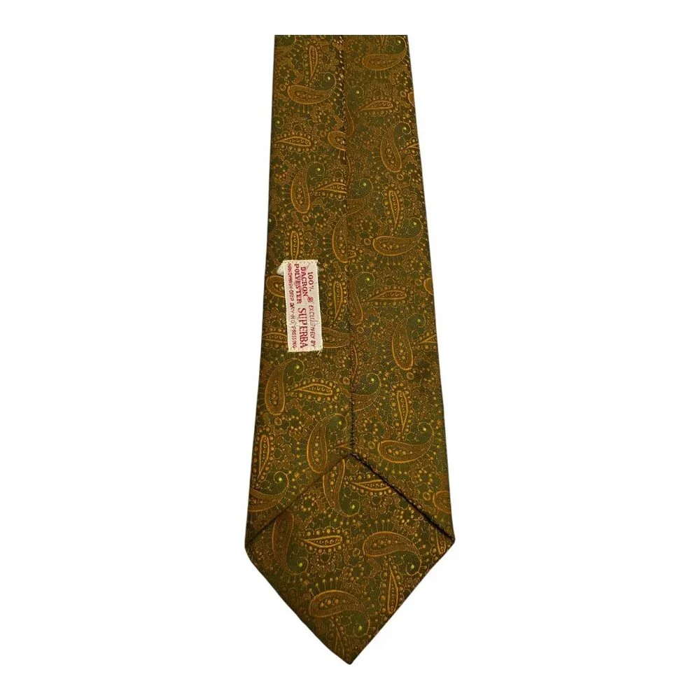 Vintage 1960s Superba Dacron Polyester Tie Olive Green Gold Paisley 54
